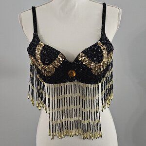 SNAKE EYES black/gold BEADED BRA TOP adjustable SIZE l/xl (38/40-C/D)